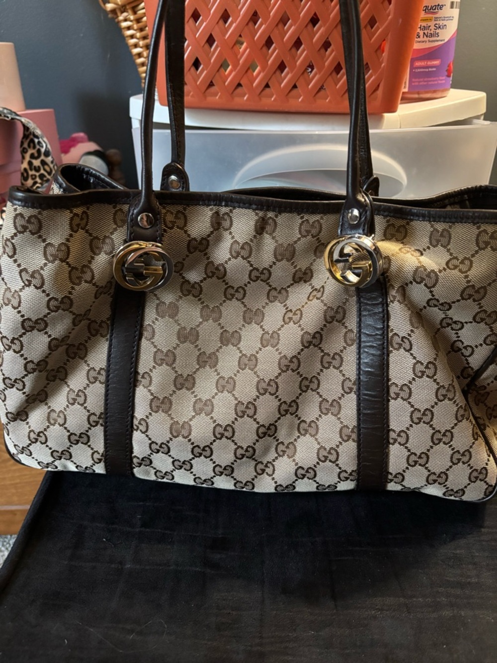 Sold gucci  Beige and Brown GG Canvas Tote with Dark Brown Leather Trim